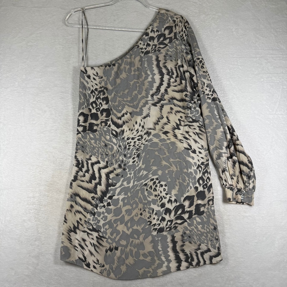 Elizabeth and James Womens 2 One Shoulder Silk Animal Print Tunic Top Gray Black